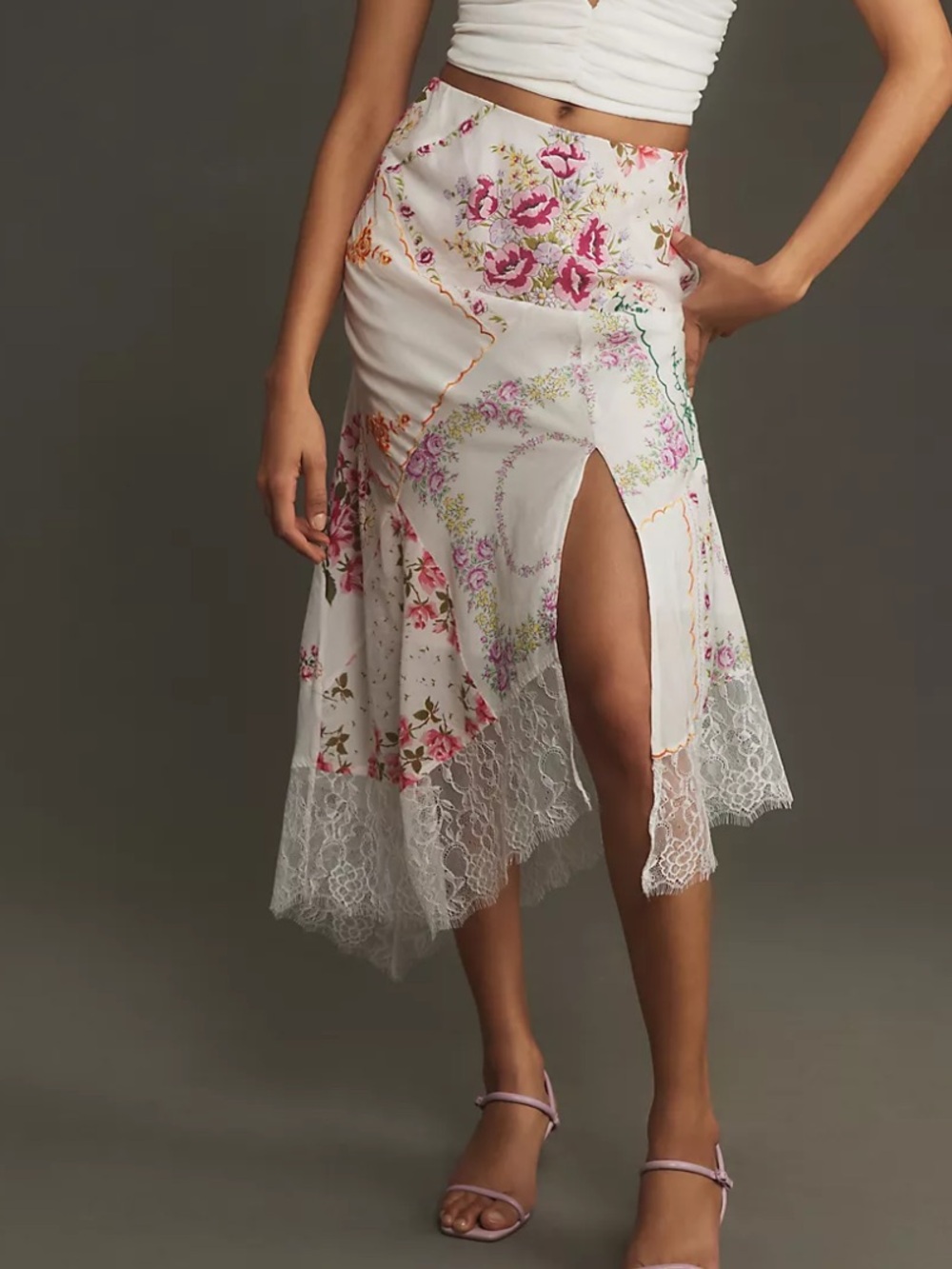 Floral Lace-Trim Midi Skirt in White with Pink Accents